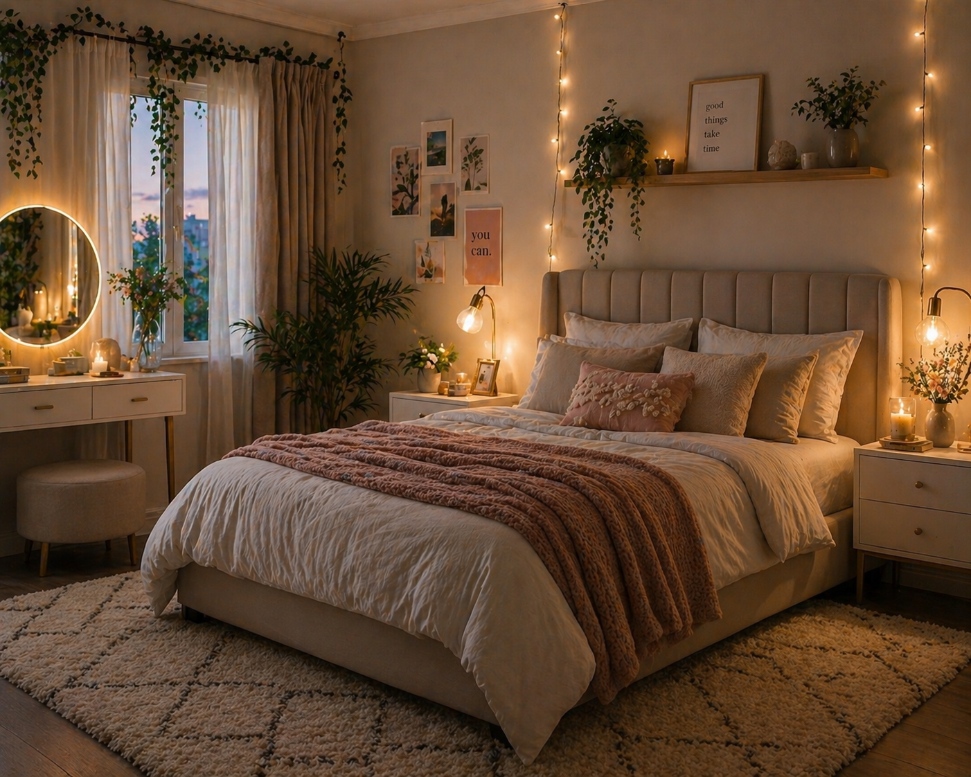 Cozy aesthetic bedroom decor with fairy lights soft lighting and warm interior styling
