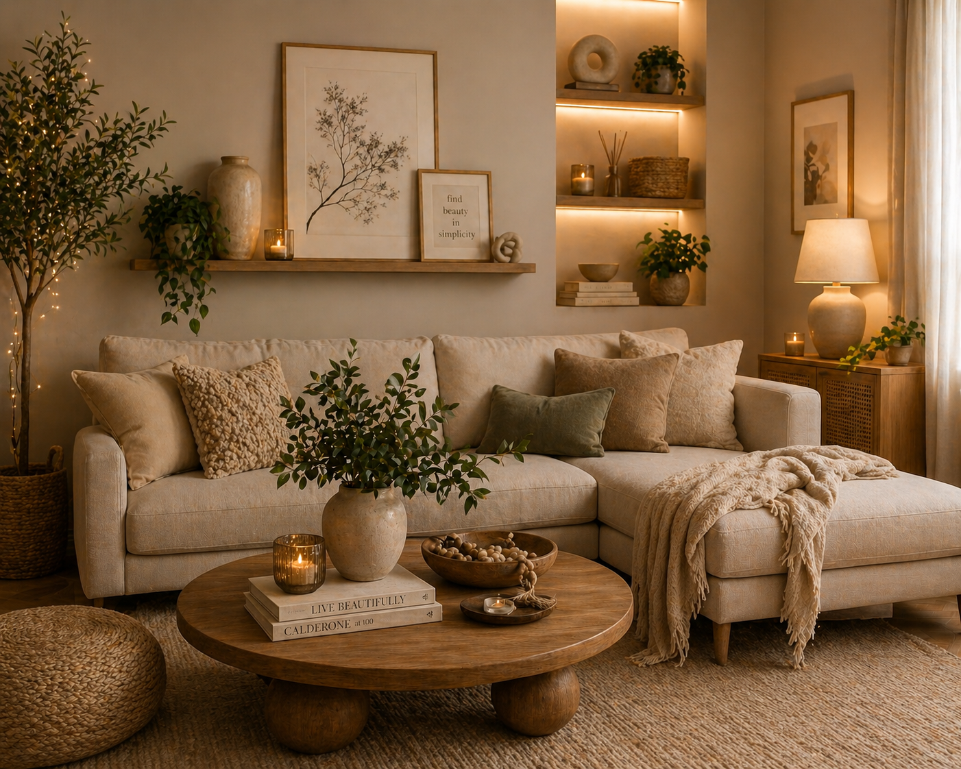 Aesthetic living room decor with cozy textures and warm neutral tones