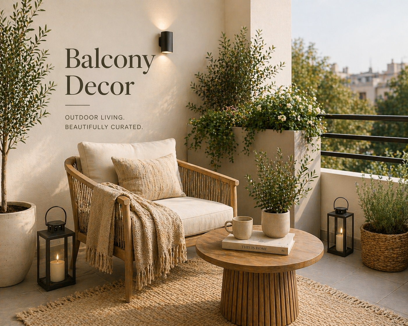 Cozy balcony decor with plants wooden furniture and neutral tones
