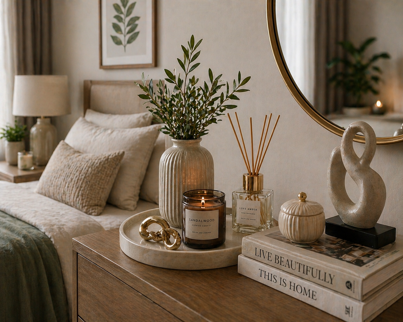 Bedroom decorative accessories with vase candle and modern styling on bedside table