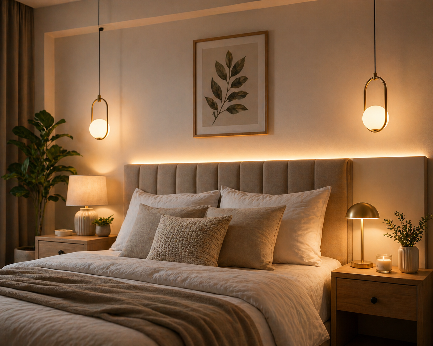 Modern bedroom lighting with pendant lights and soft ambient illumination