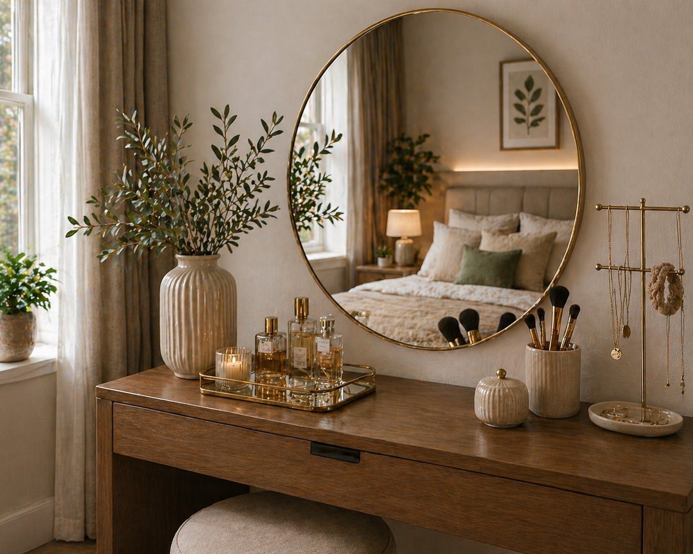 Bedroom mirror and vanity decor with modern styling and minimalist accessories