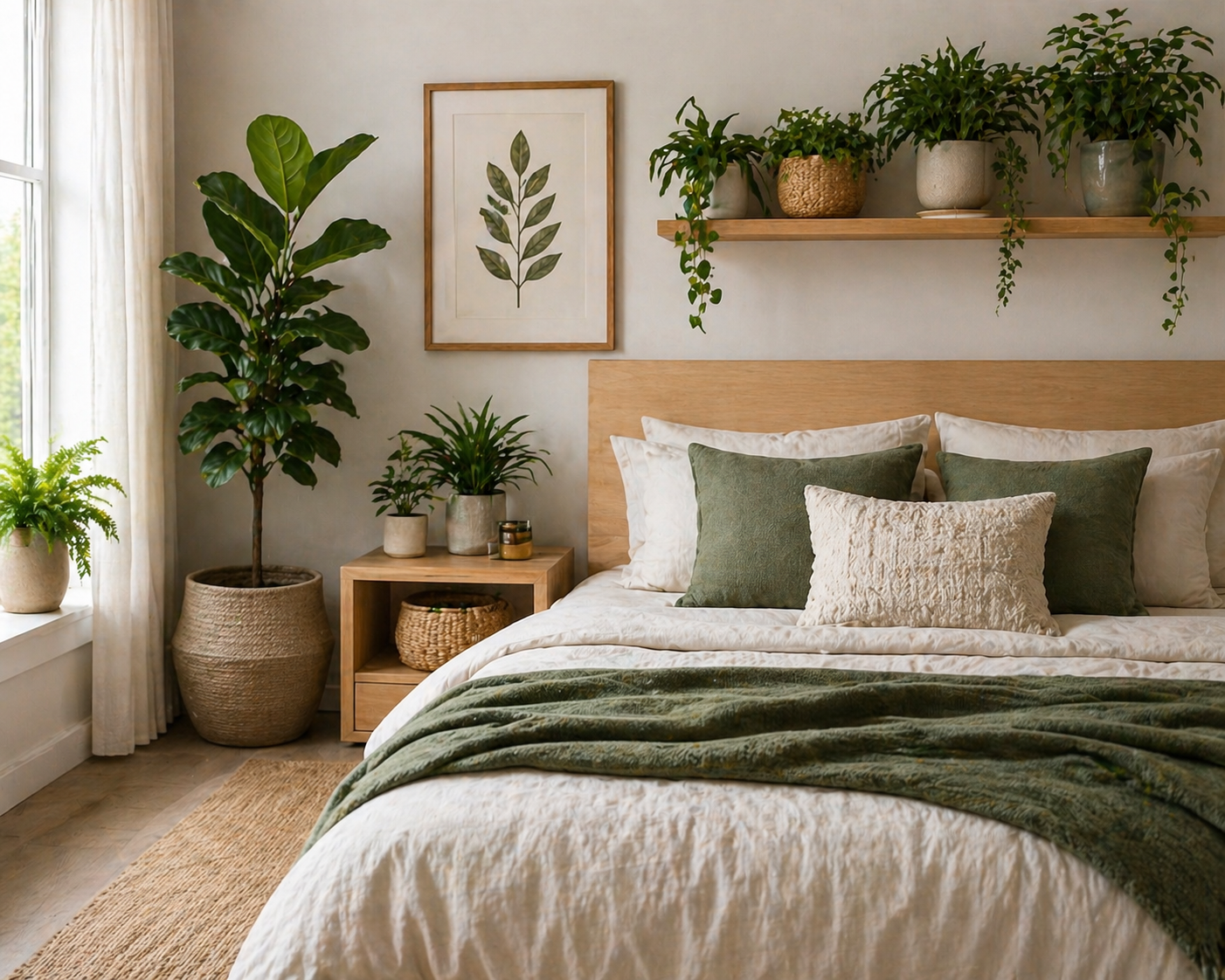 Bedroom plants and natural decor with green indoor plants in a minimal modern bedroom