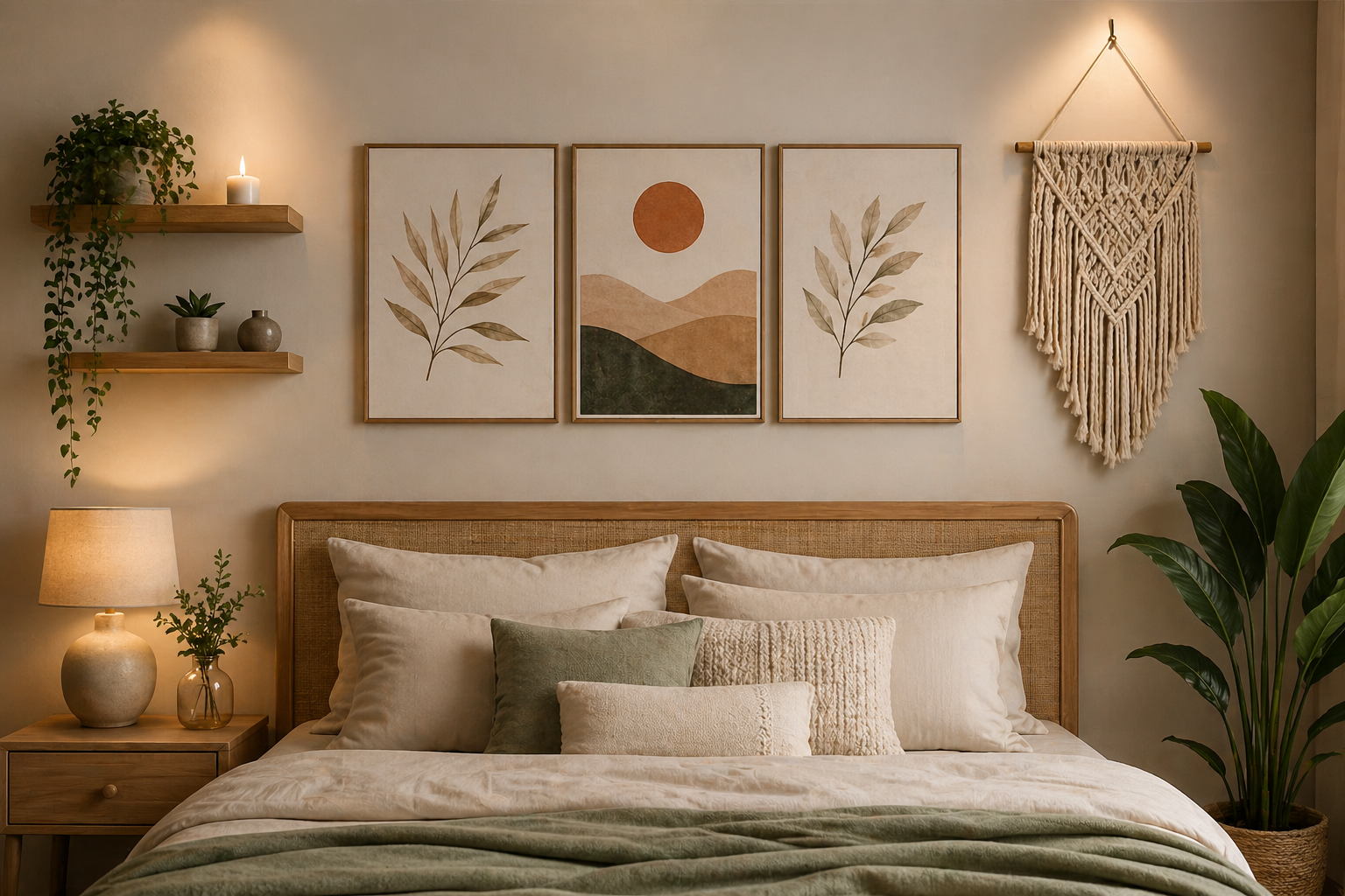 Modern bedroom wall decor with neutral aesthetic wall art and cozy interior styling