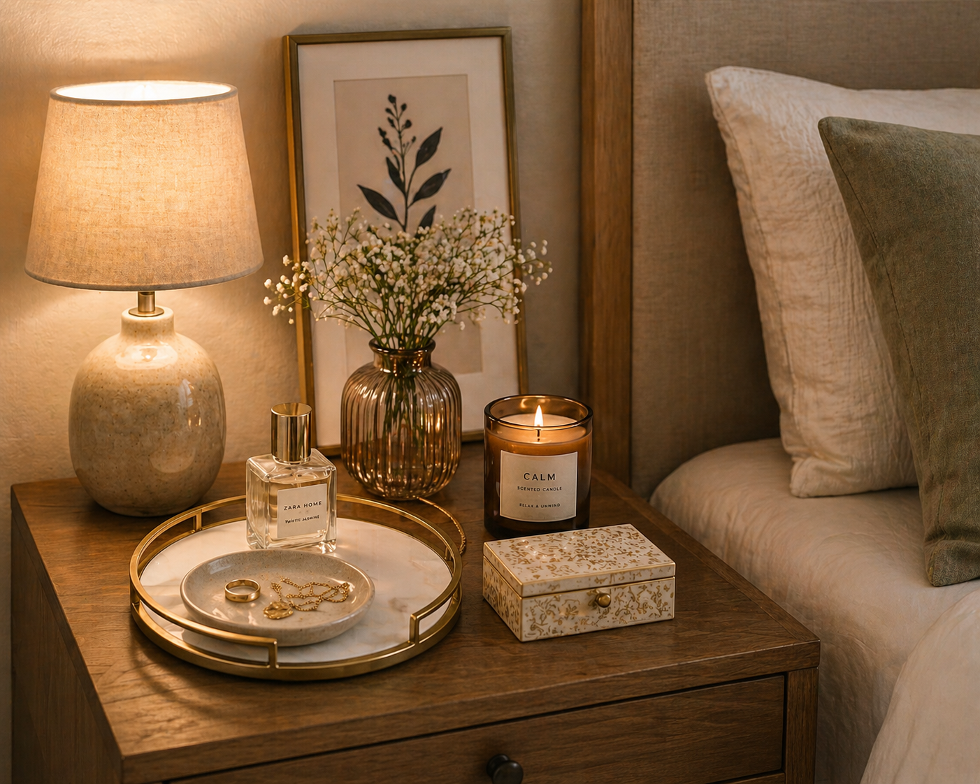 Modern bedside table decor with lamp tray and minimal bedroom accessories