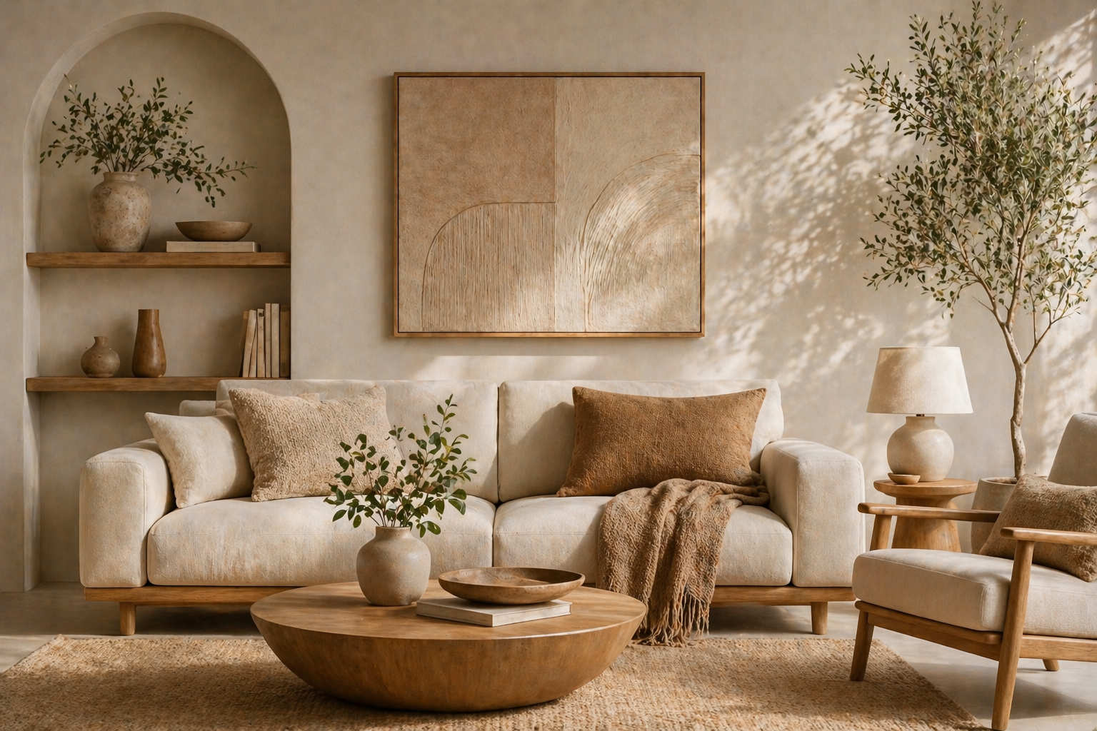 Modern living room decor with neutral sofa wooden table and aesthetic setup