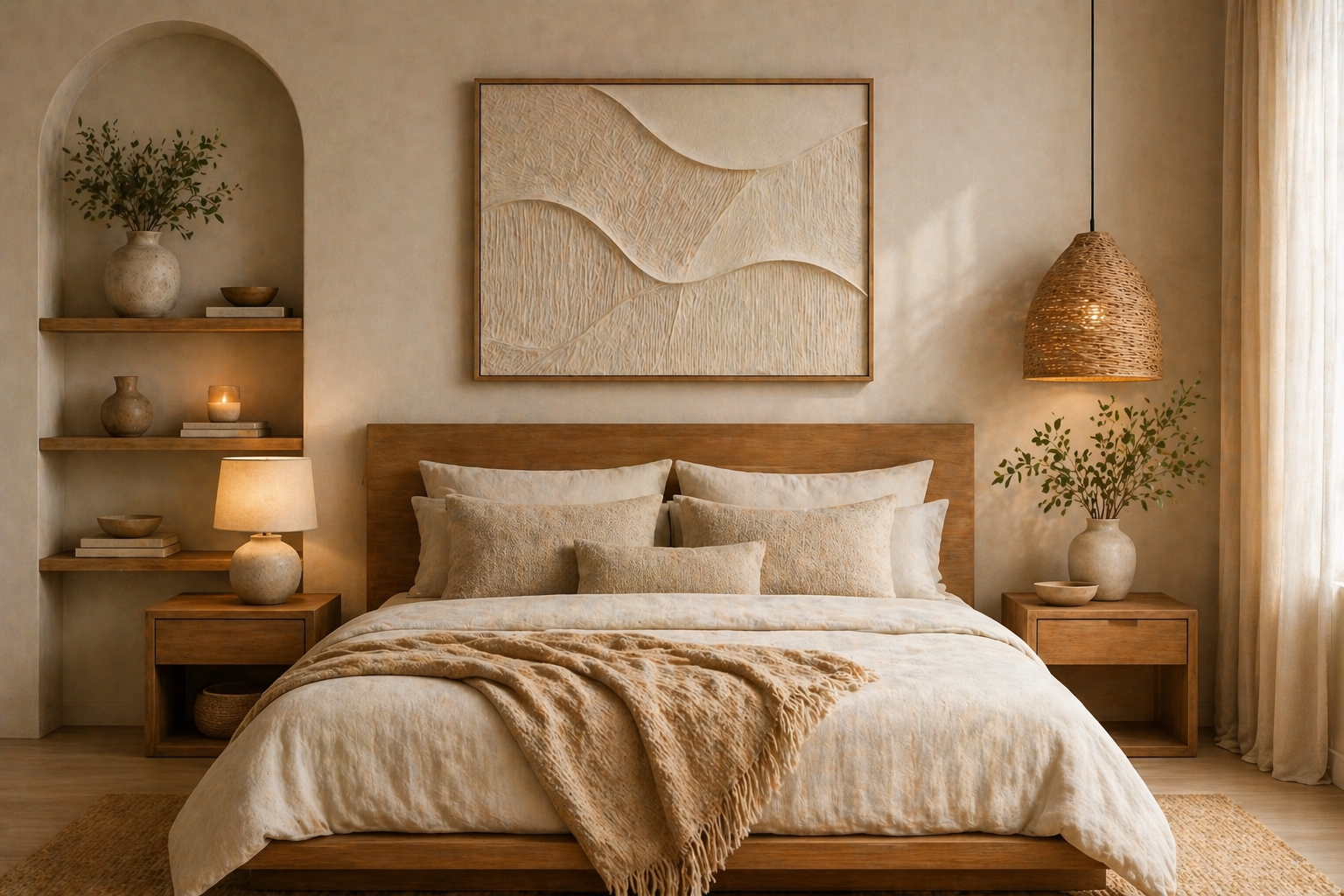 Minimal bedroom decor with wooden bed neutral tones and cozy modern style