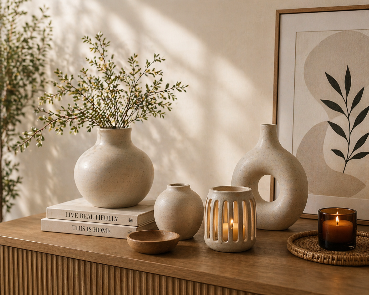 Modern home decor with neutral vases candles and minimalist aesthetic styling