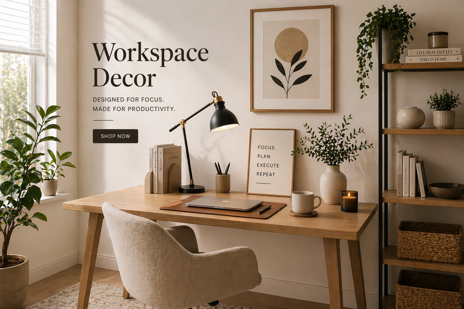 Modern workspace decor with desk setup laptop and minimal aesthetic
