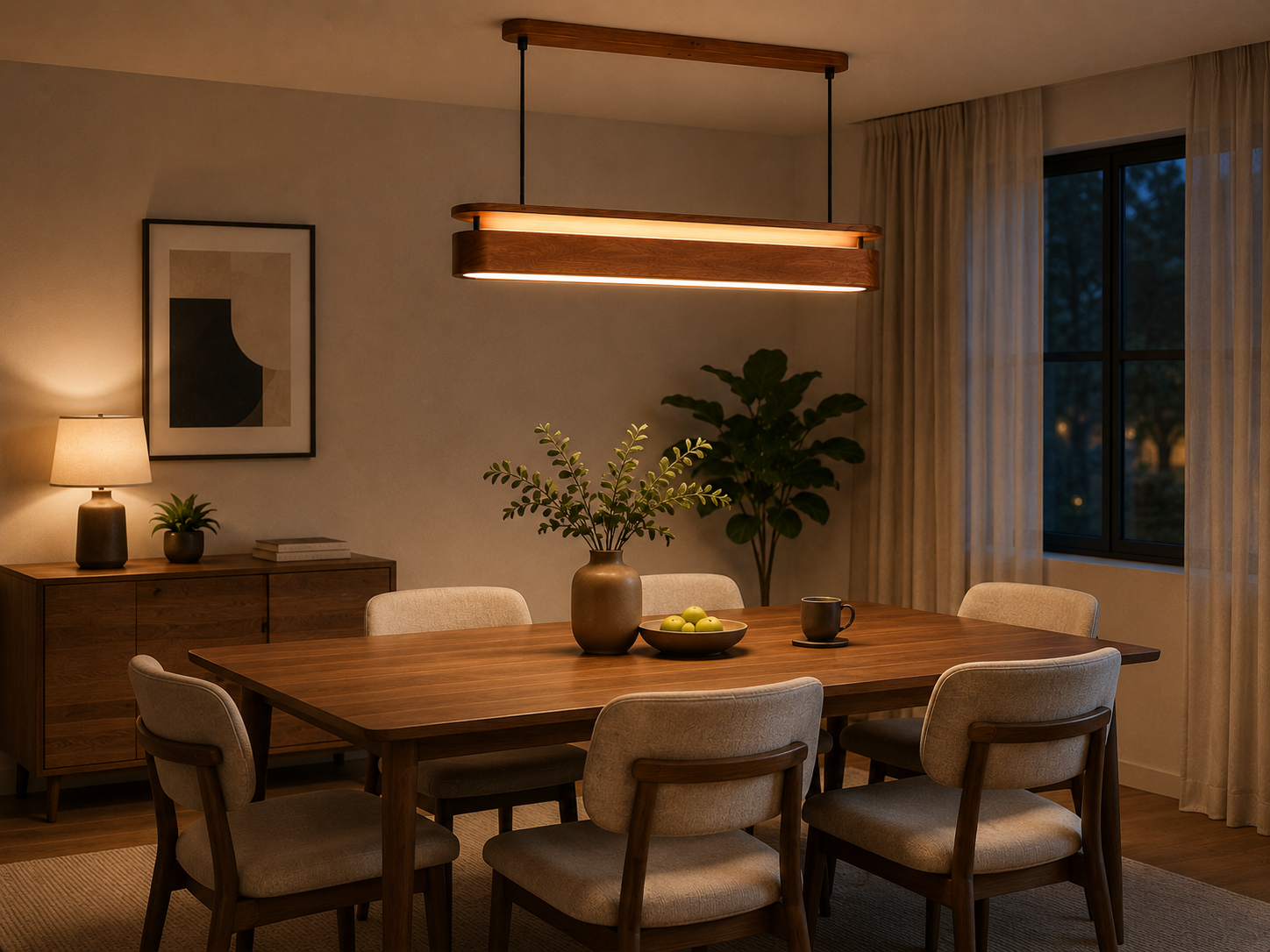 UNIKAA modern linear wood pendant light for reception counter suitable for dining table office and reception spaces