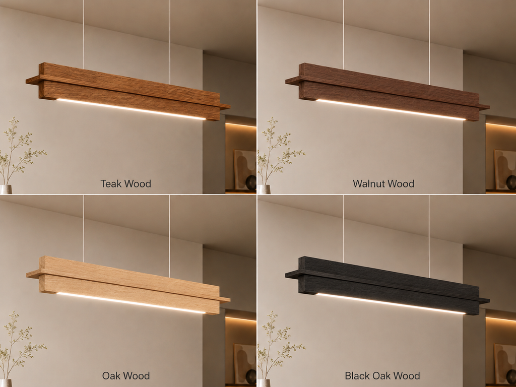 Modern linear wooden pendant light shown in four full-structure material finishes arranged in a 2×2 layout: Teak Wood, Walnut Wood, Oak Wood, and Black Oak Wood. Each version has the entire body in the same matching wood finish with warm integrated LED lighting in a minimal interior setting