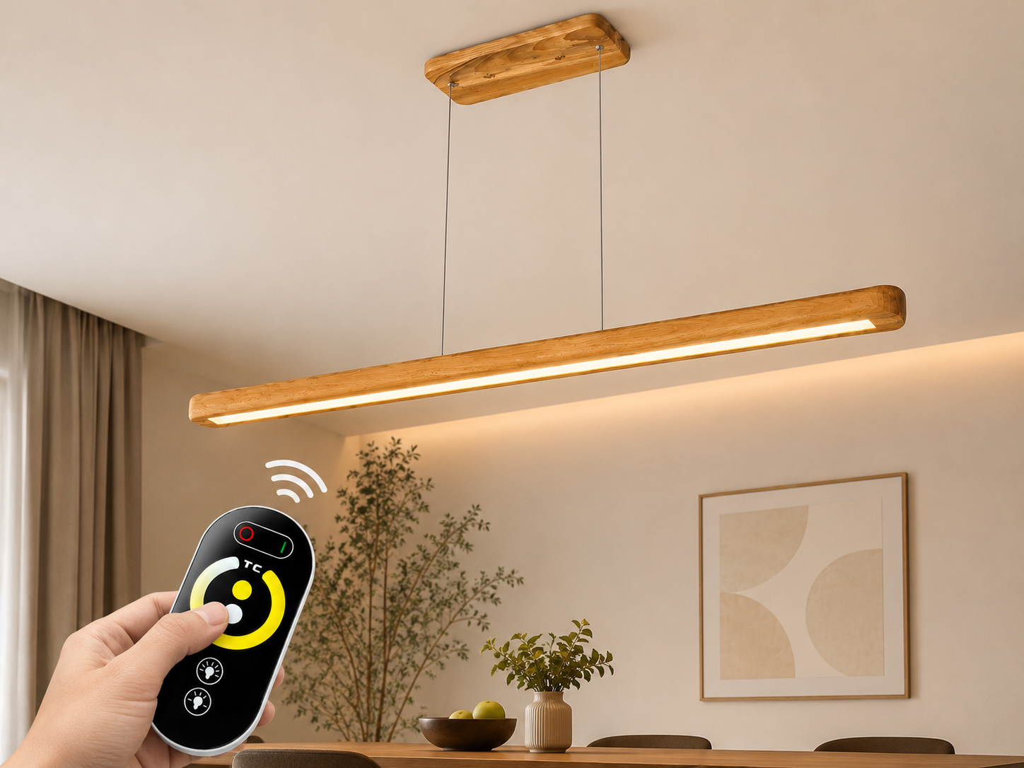Modern linear wood pendant light for office desk being operated with a handheld remote control in a warm modern dining and workspace interior.