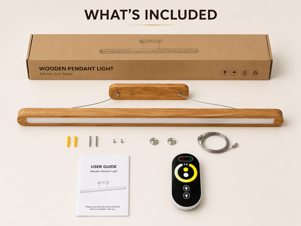 Modern linear wood pendant light for office desk with included accessories, user guide, hanging cables, mounting hardware, and remote controller.