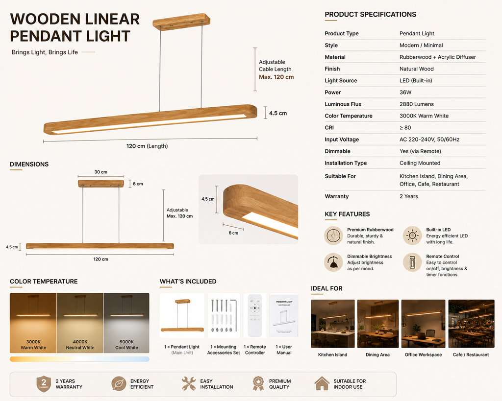 Modern linear wood pendant light for office desk with detailed specifications, dimensions, adjustable height information, and remote control features.