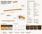 Modern linear wood pendant light for office desk with detailed specifications, dimensions, adjustable height information, and remote control features.