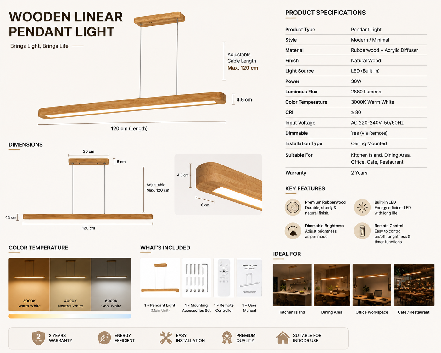 Modern linear wood pendant light for office desk with detailed specifications, dimensions, adjustable height information, and remote control features.