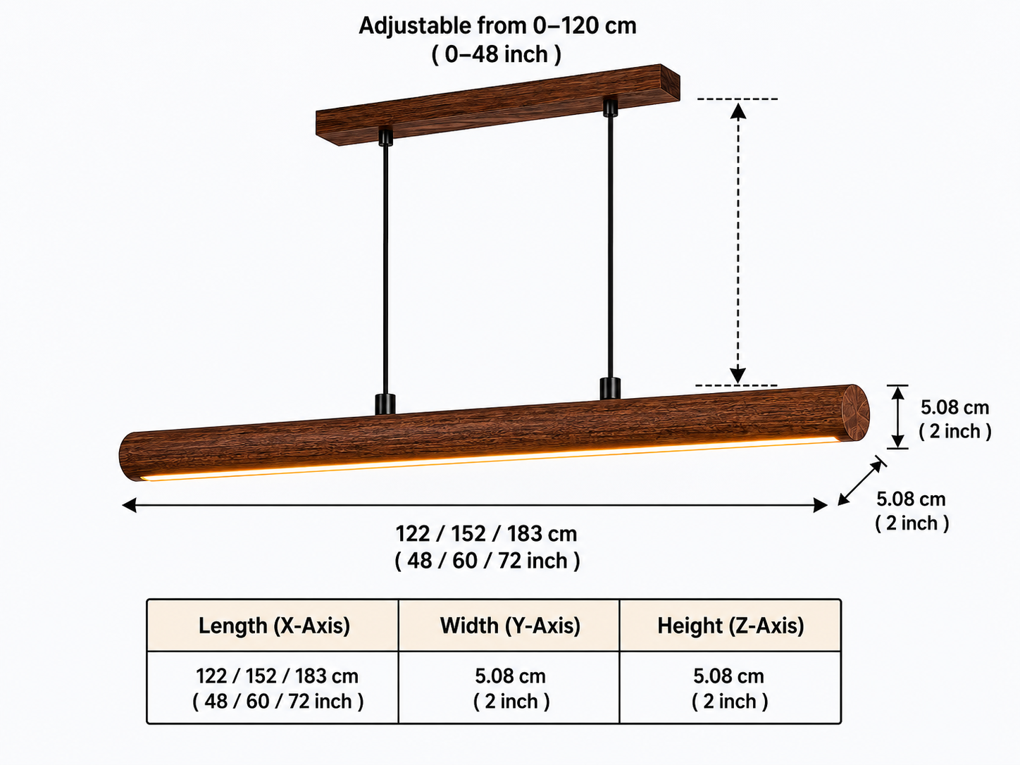 Dimension guide for Unikaa adjustable height linear pendant lighting with adjustable hanging height