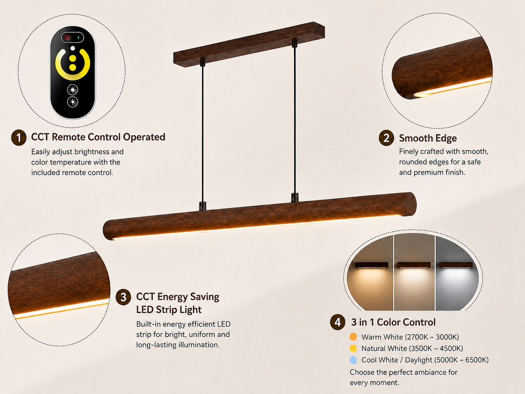 Features of Unikaa adjustable height linear pendant lighting with remote control LED strip and color adjustment