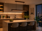 Unikaa adjustable height linear pendant lighting installed above a modern kitchen island