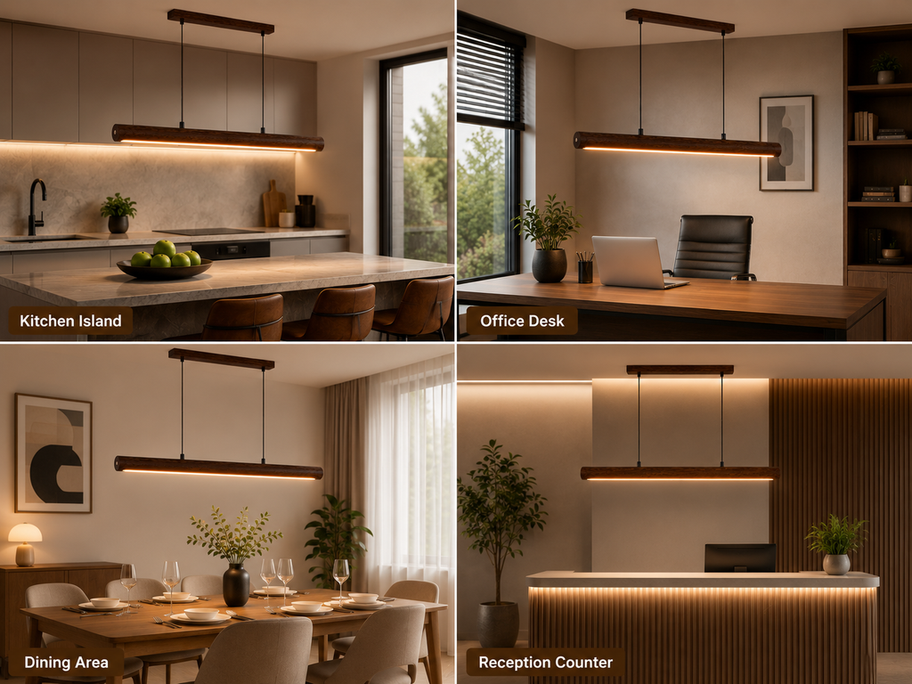 Unikaa adjustable height linear pendant lighting for kitchen island office dining and reception spaces