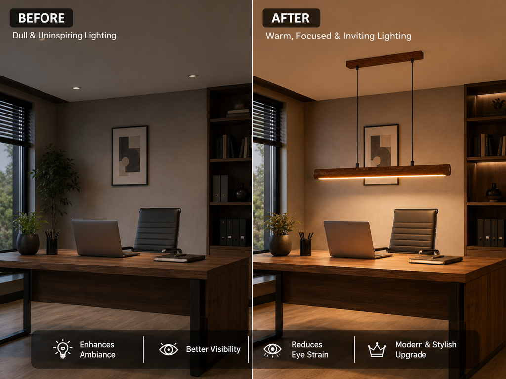 Before and after office setup using Unikaa adjustable height linear pendant lighting for warm focused illumination