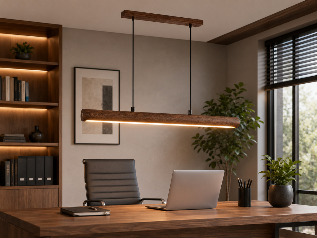 Unikaa adjustable height linear pendant lighting installed above an office desk workspace