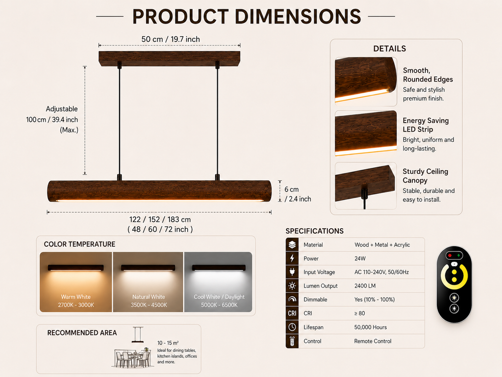 Product dimensions specifications and color temperature options for Unikaa adjustable height linear pendant lighting