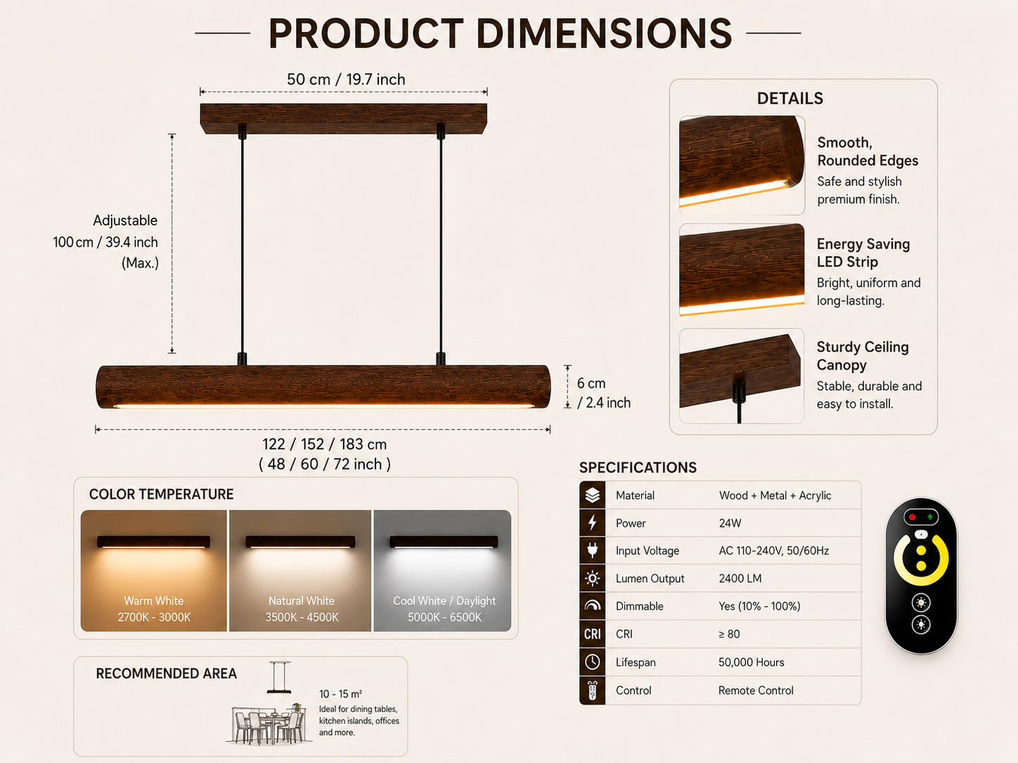 Product dimensions specifications and color temperature options for Unikaa adjustable height linear pendant lighting