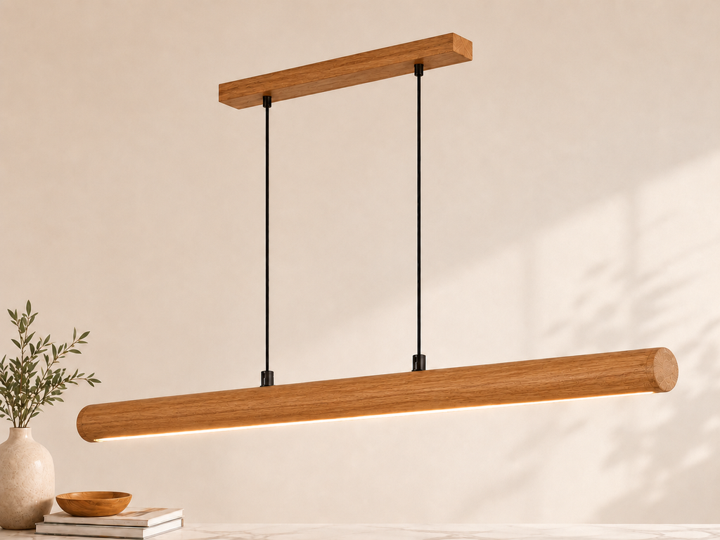 Unikaa adjustable height linear pendant lighting in teak wood finish with modern wooden LED hanging design