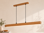 Unikaa adjustable height linear pendant lighting in teak wood finish with modern wooden LED hanging design