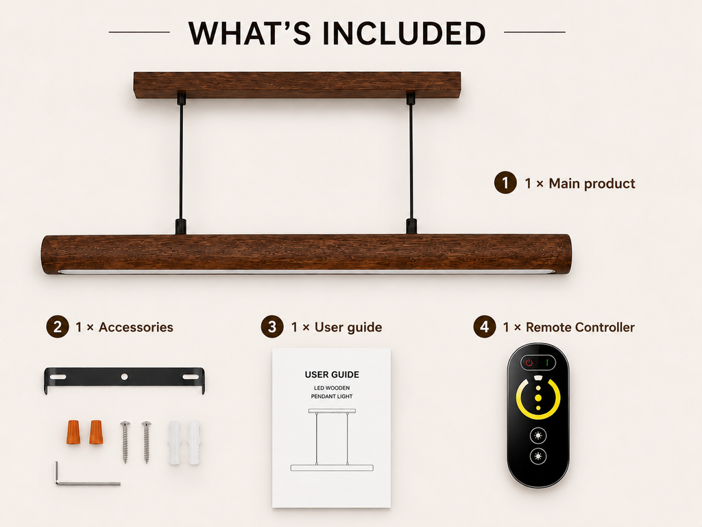 Unikaa adjustable height linear pendant lighting package contents including remote accessories and installation guide