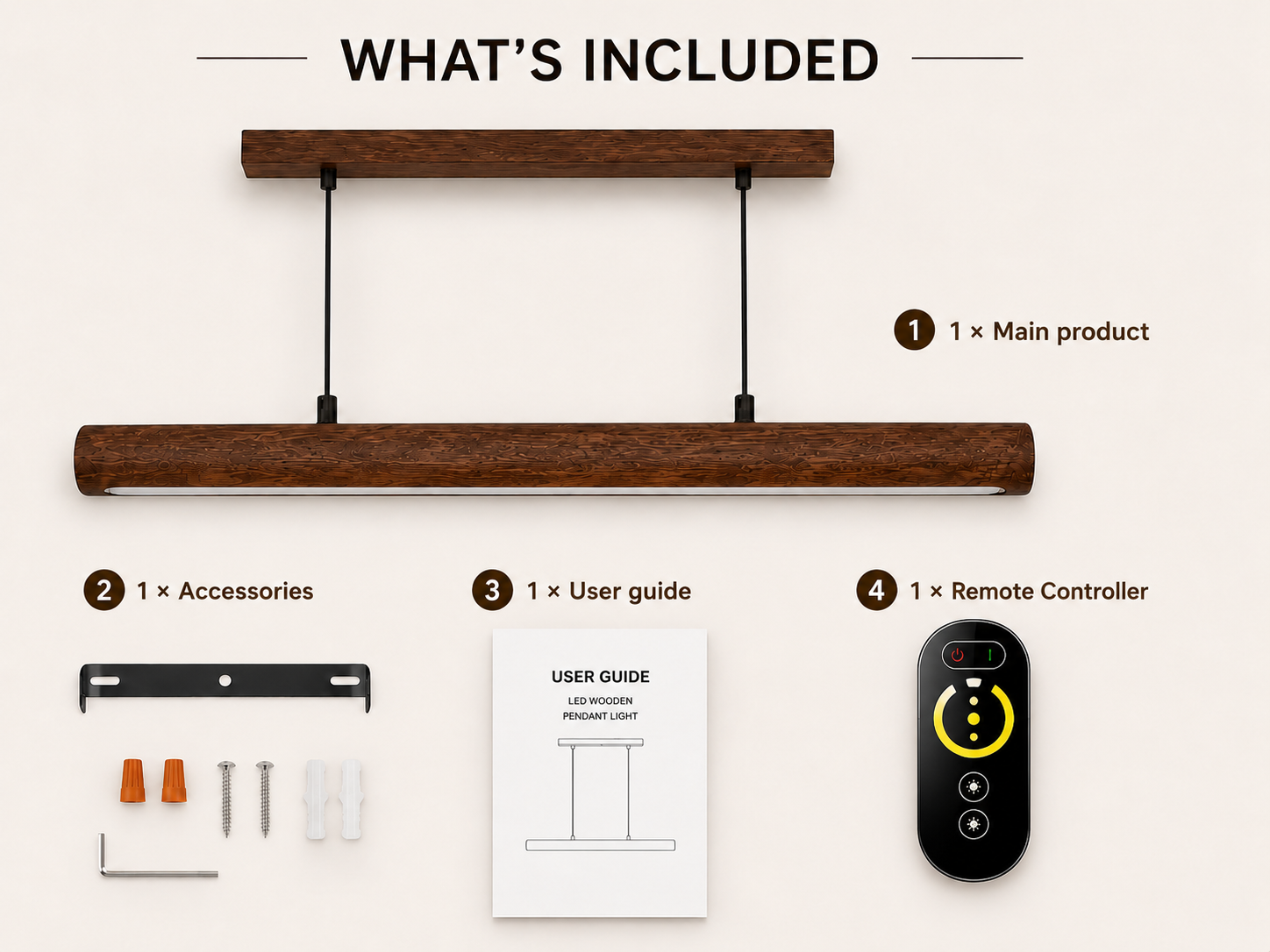 Unikaa adjustable height linear pendant lighting package contents including remote accessories and installation guide