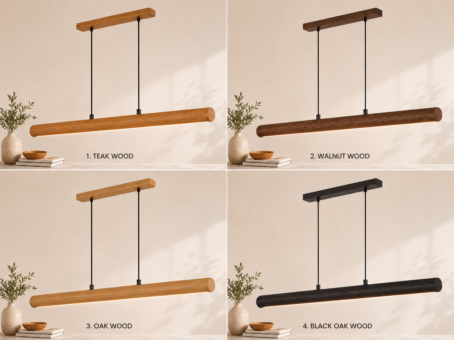 Unikaa adjustable height linear pendant lighting available in teak wood, walnut wood, oak wood and black oak finishes