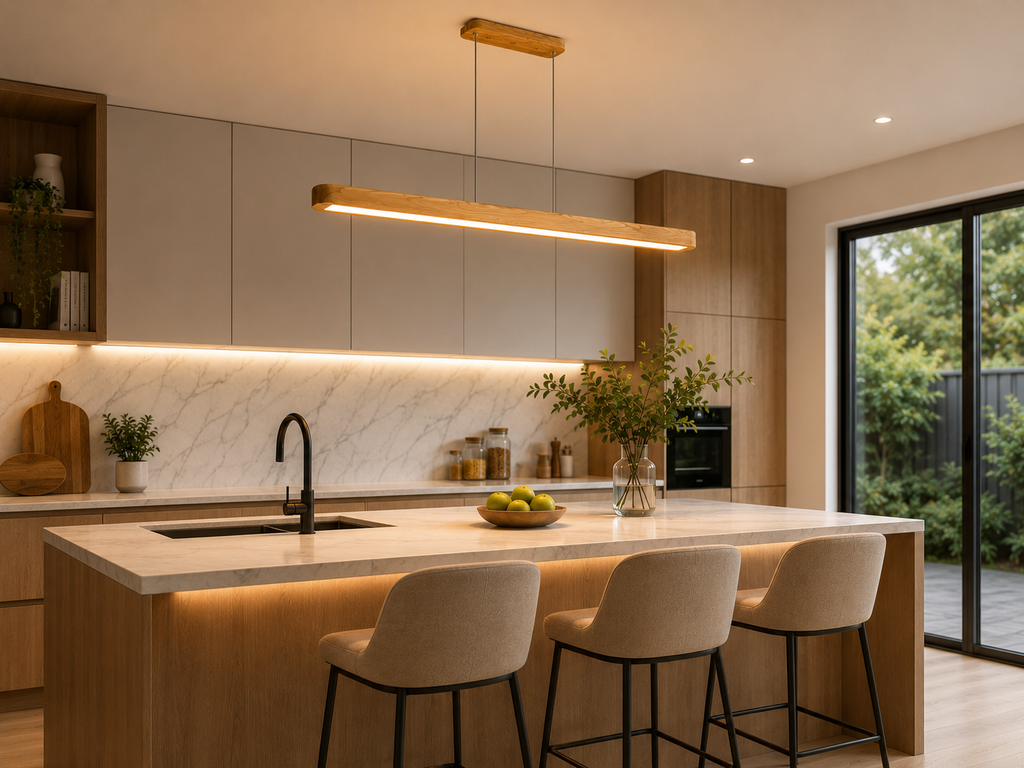 Modern wooden pendant light on kitchen island installed above a luxury kitchen countertop with warm ambient lighting
