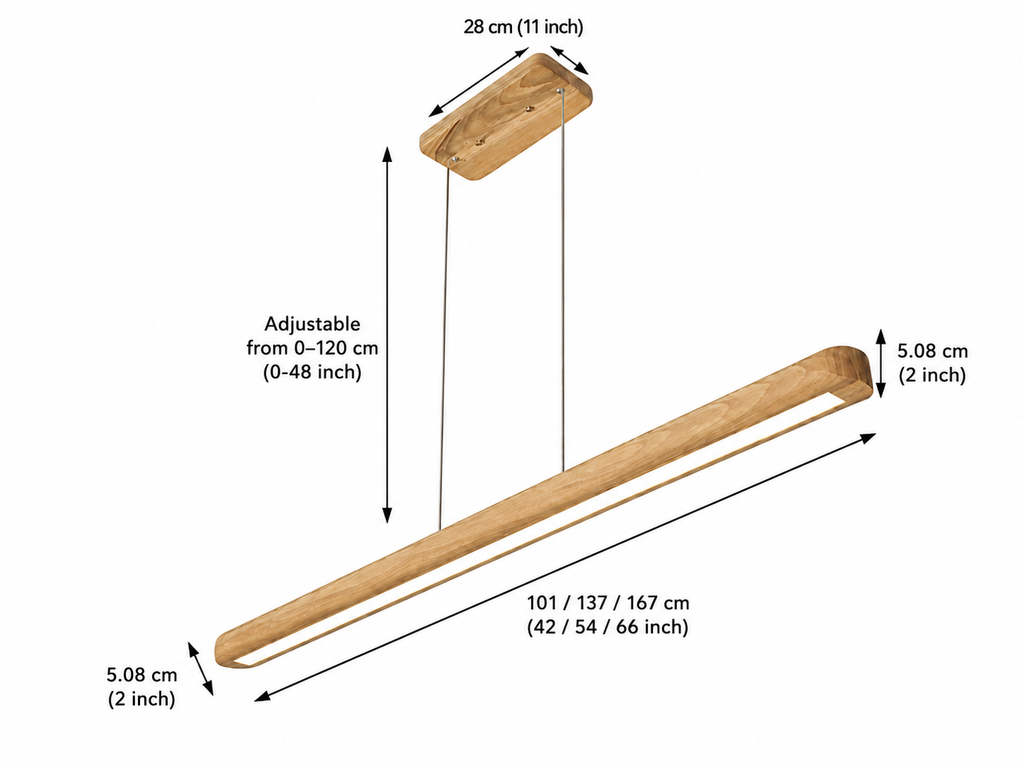 Wooden linear  pendant light  adjustable hanging height and product dimensions on white background