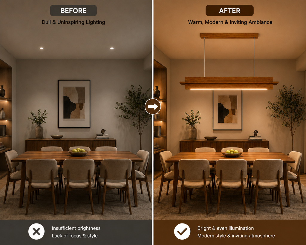 Before and after room transformation using Unikaa minimalist long linear bar chandelier with warm modern illumination