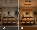 Before and after room transformation using Unikaa minimalist long linear bar chandelier with warm modern illumination