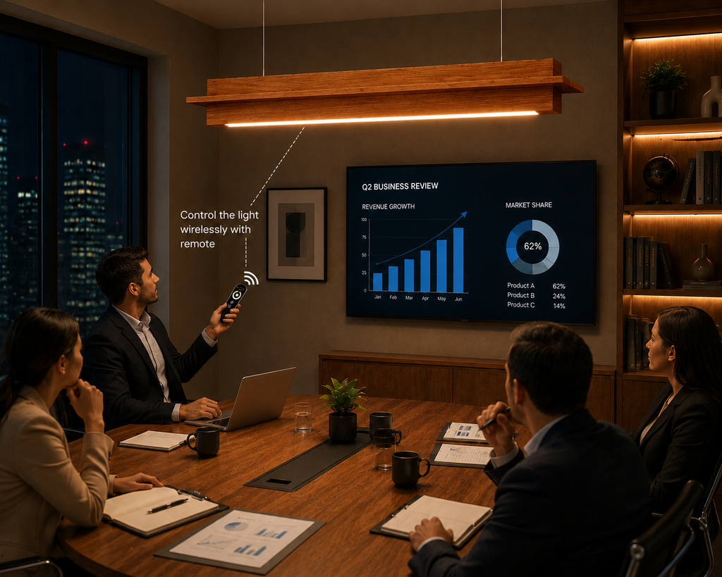 Unikaa minimalist long linear bar chandelier used in conference room with remote controlled lighting