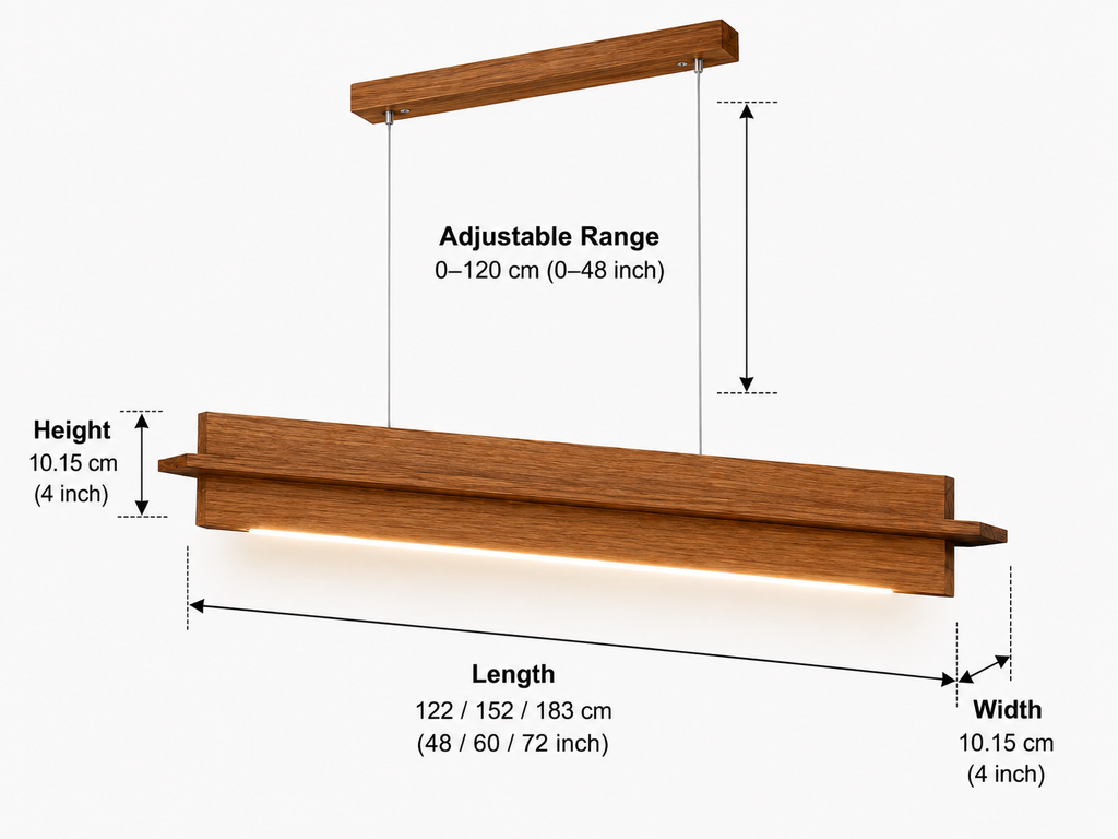 Dimensions and adjustable height details of Unikaa minimalist long linear bar chandelier with linear wooden LED design