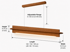Dimensions and adjustable height details of Unikaa minimalist long linear bar chandelier with linear wooden LED design