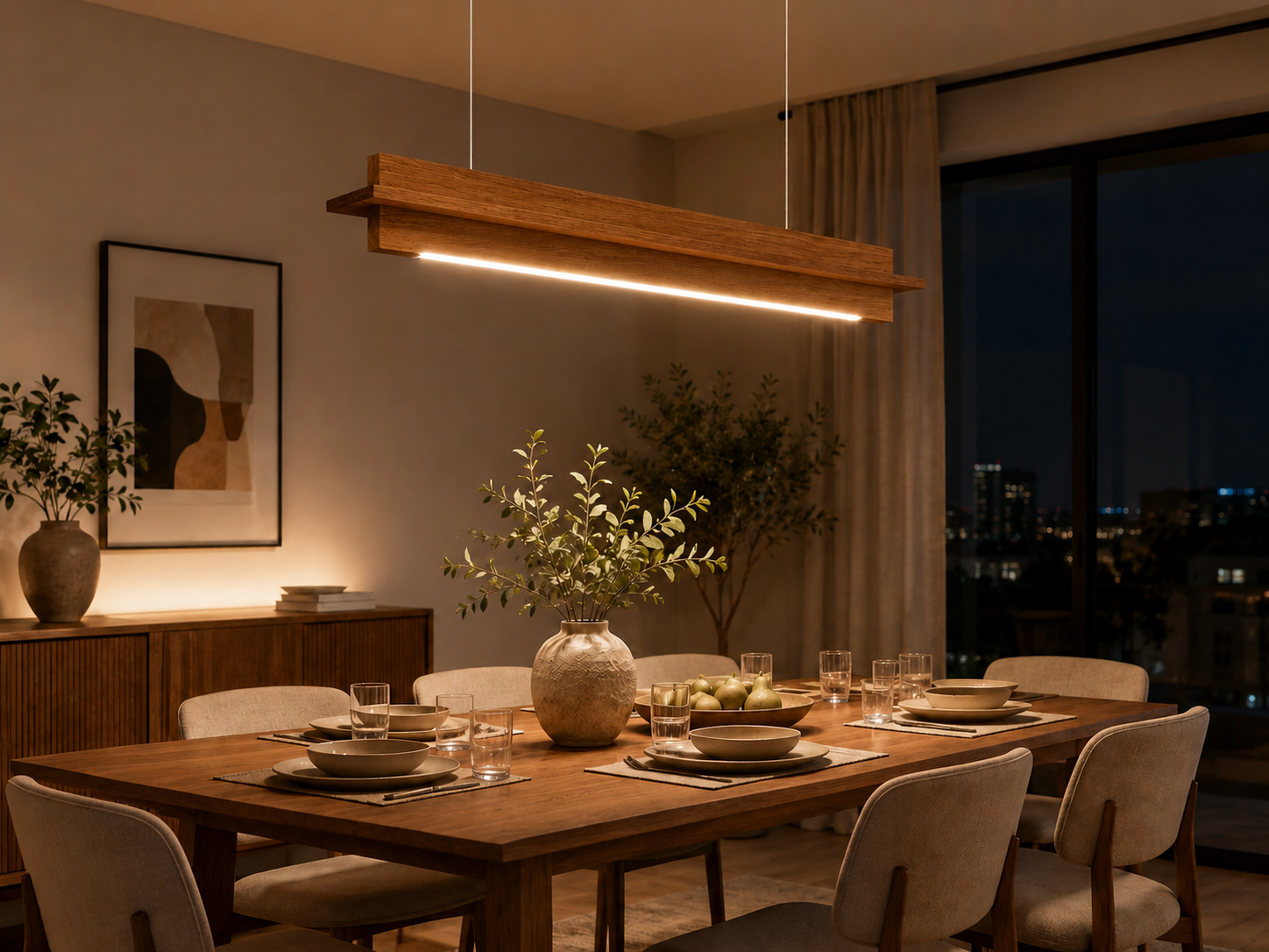 Unikaa minimalist long linear bar chandelier illuminating a modern dining room with warm ambient LED lighting