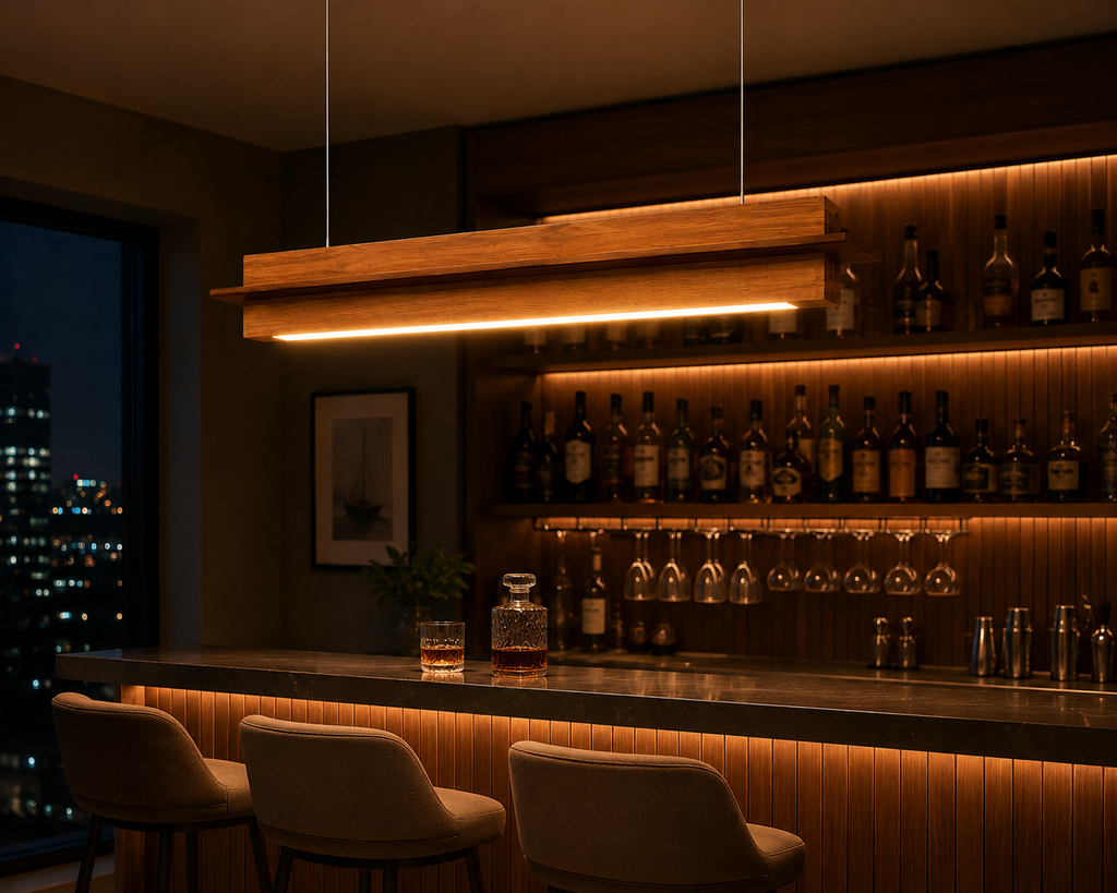 Unikaa minimalist long linear bar chandelier installed above a modern home bar with warm LED lighting and elegant wooden finish