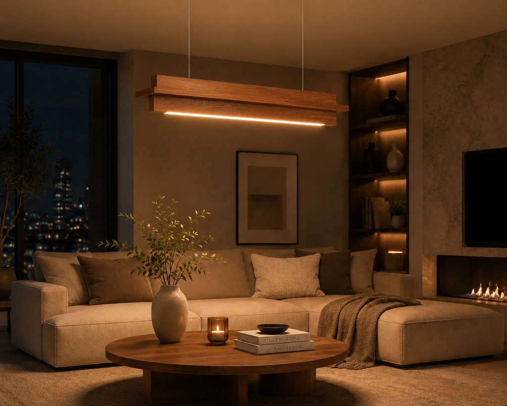 Unikaa minimalist long linear bar chandelier creating warm ambient lighting in a contemporary living room