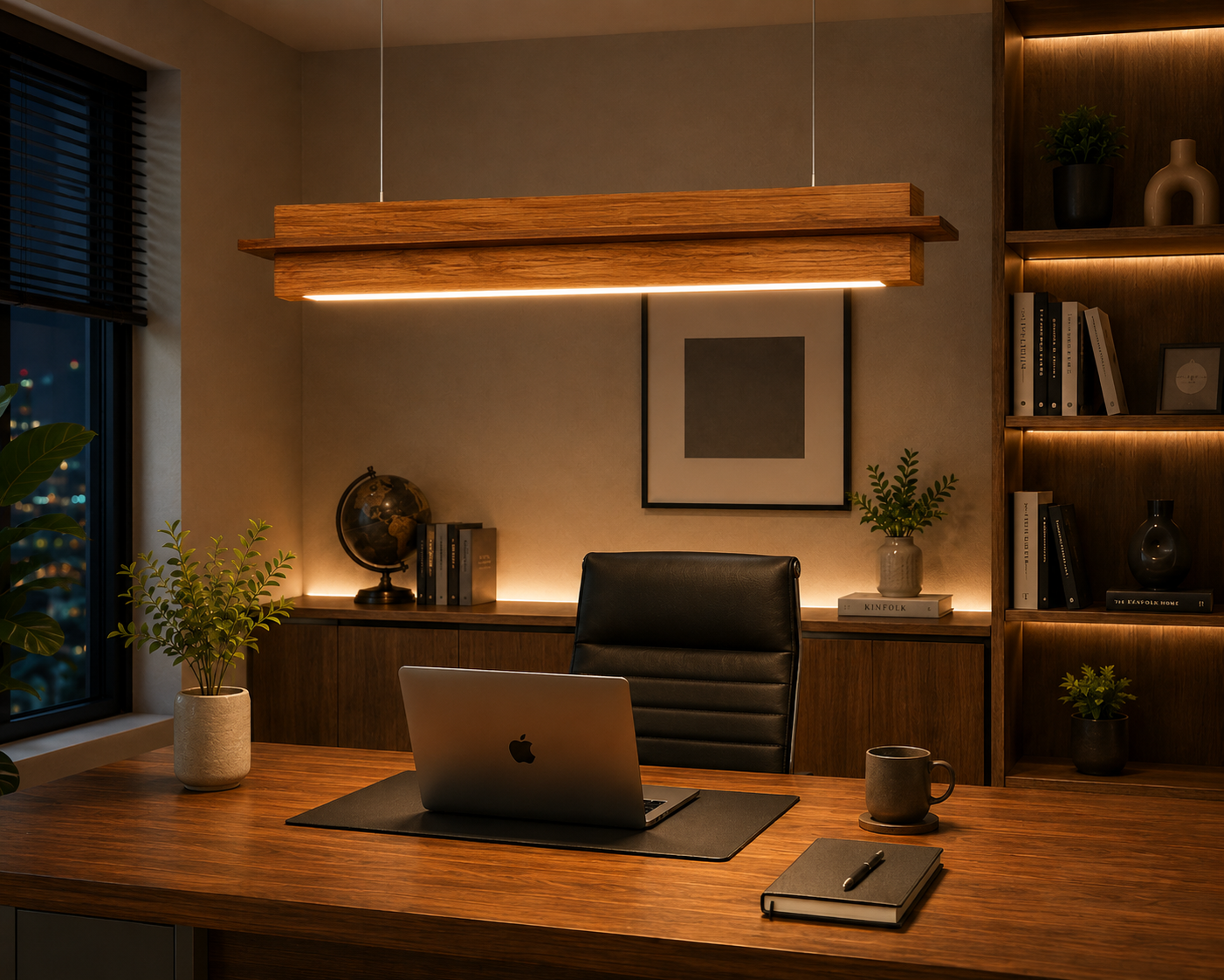 Unikaa minimalist long linear bar chandelier installed above executive office desk with warm LED illumination
