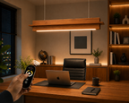Remote controlled Unikaa minimalist long linear bar chandelier demonstrating adjustable brightness and color temperature
