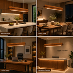 Unikaa minimalist long linear bar chandelier displayed above kitchen island dining table office desk and reception area