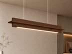 Unikaa minimalist long linear bar chandelier in walnut wood finish with integrated LED lighting and modern suspended pendant design