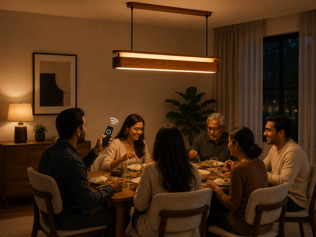 UNIKAA modern linear wood pendant light for reception counter and dining room with warm LED lighting and remote control