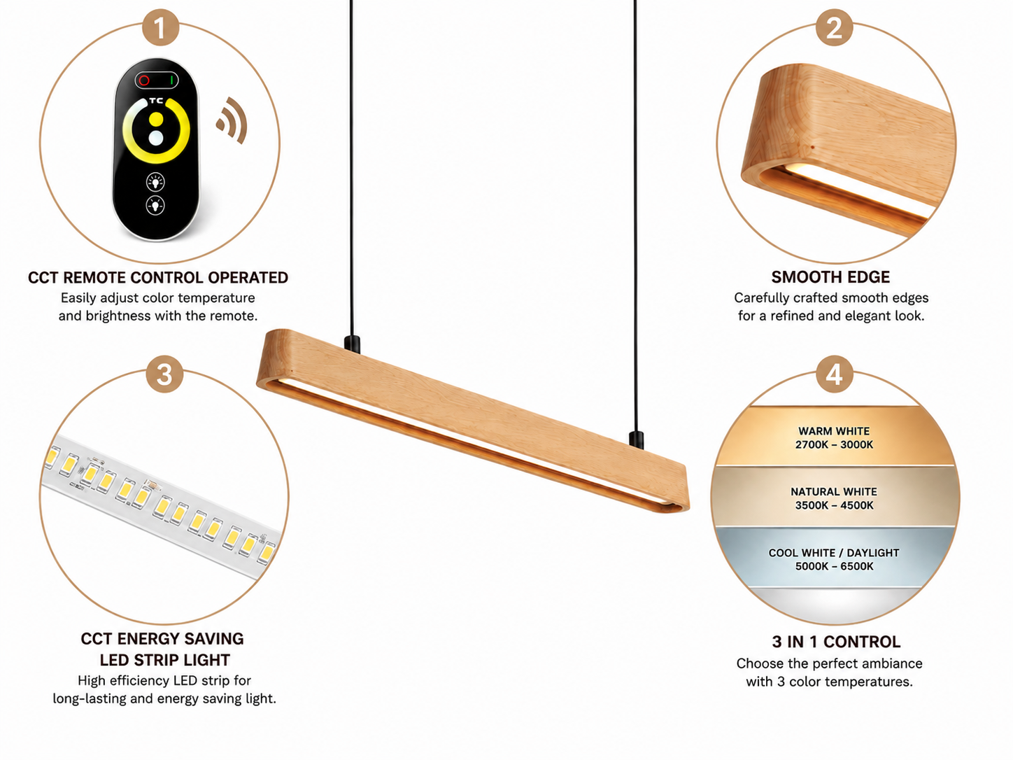 UNIKAA modern linear wood pendant light for dining room with CCT remote control dimmable LED and adjustable color temperature