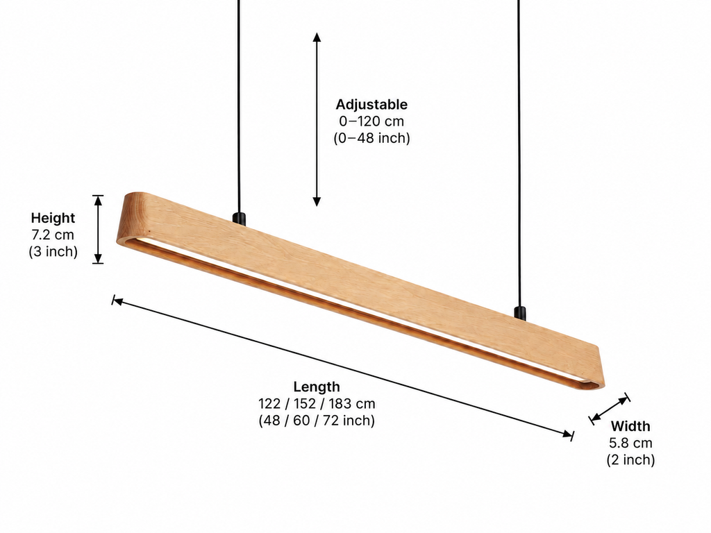Dimension guide of UNIKAA modern linear wood pendant light for dining room with adjustable hanging cable and size options